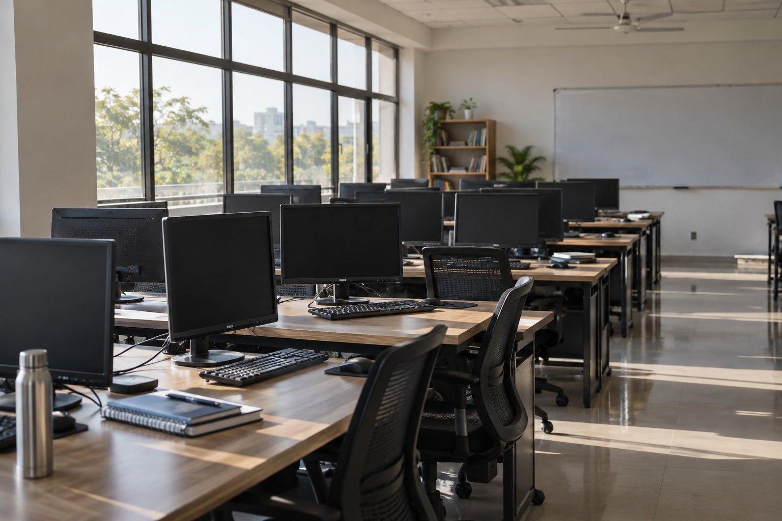Sunlit computer classroom without people